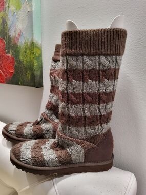 UGG Wool Suede Brown and Gray Striped Knit Winter Boots